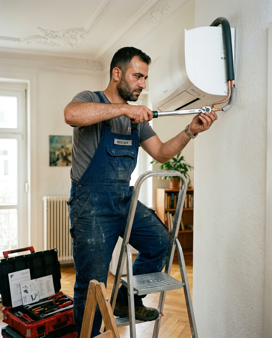 Hamdi Özcay bei der Installation einer Split-Klimaanlage in einer Altbauwohnung in Mannheim