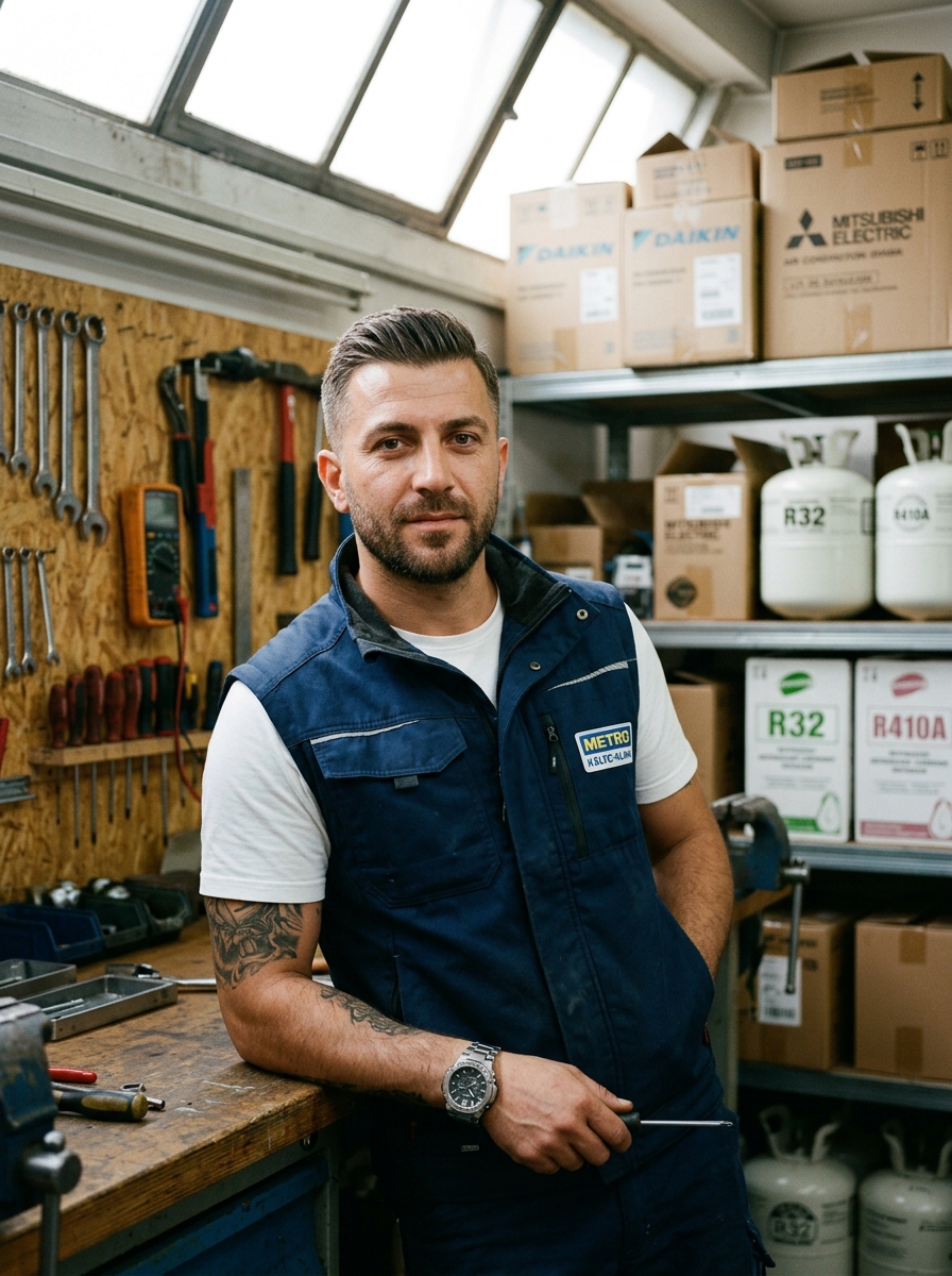 Porträt Hamdi Özcay, Inhaber Wicool Klimatechnik, in seiner Werkstatt in Mannheim